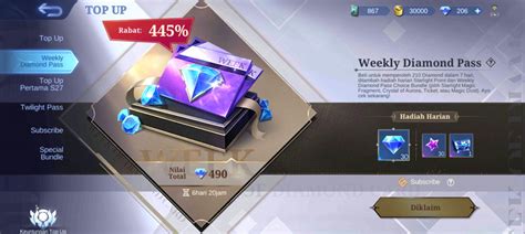 Galeri foto top up weekly diamond pass ml: beli pass royale gems info top up untuk Player trio rank di area member